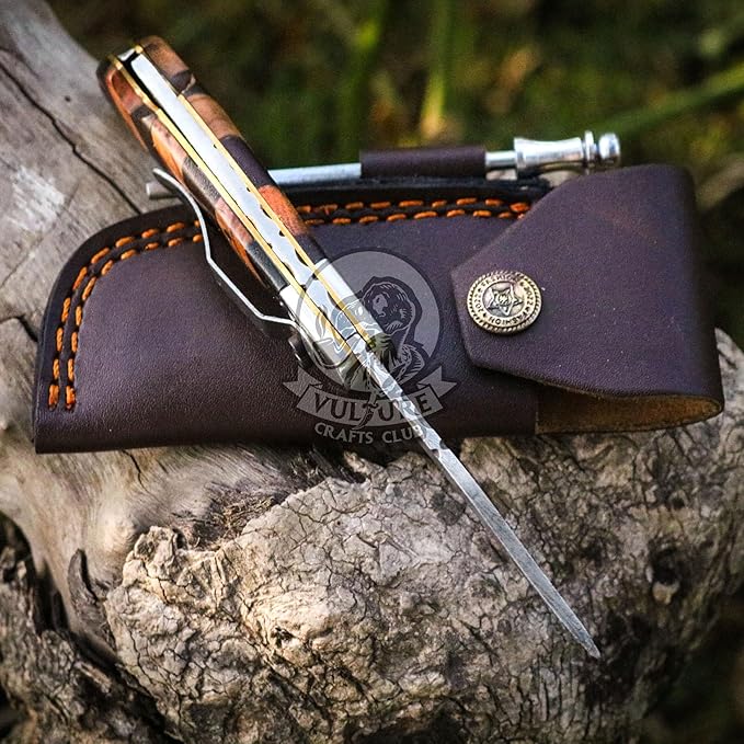 Damascus Pocket Knife for Men Handmade - 6.5 Inches Damascus Folding Knife with Sheath -Ideal for Him as an Anniversary Present - Best for EDC - Camping and Hiking - Pocket Knives with Back Lock