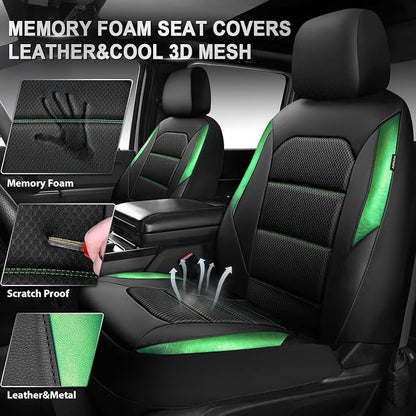 CAR PASS Memory 3D Foam Car Seat Covers Full Set, Breathable Mesh Thick Seat Covers for Car,Green Metal Film Leather Seat Covers, Universal Automotive Comfort for SUVs Trucks, Black Green