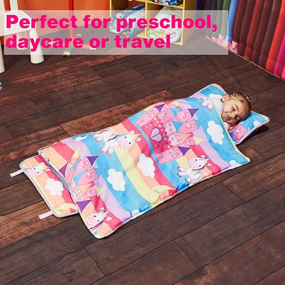EVERYDAY KIDS Nap Mat with Removable Pillow - Unicorn Dreams - Carry Handle with Straps Closure, Rollup Design, Soft Microfiber for Preschool, Daycare, Travel Sleeping Bag - Ages 3-6 Years