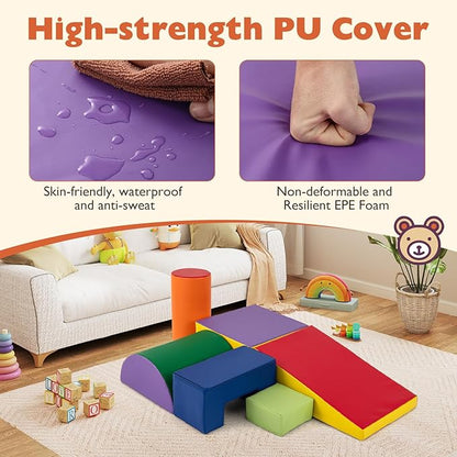 Costzon Toddler Climbing Toys, 6 Pieces Climb and Crawl Playset with PU Cover for Baby Crawling, Climbing & Playing, Indoor Foam Climbing Blocks for Toddlers
