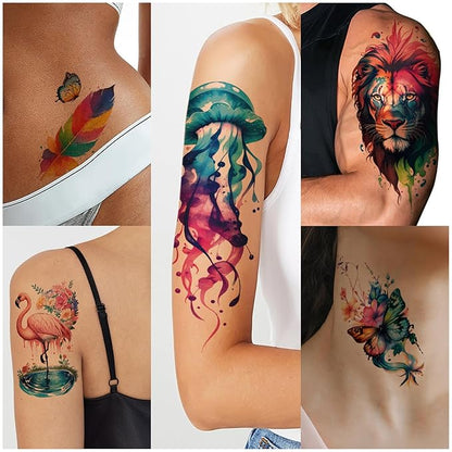 77 Sheets Temporary Tattoo, 17 Sheets Half Arm Flower Lion Tiger Cat Owl Parrot Fake Tattoos for Adults Shoulder Neck, 60 Sheets Tiny Waterproof Temporary Tattoos Realistic for Women Girls and Kids