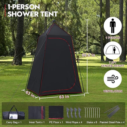 Camping Shower Tent, Portable Outdoor Privacy Shelter for Showering & Changing, 7.2 FT Easy-Setup Toilet Tent with Floor & UPF 50+, Ideal for Hiking, Fishing, Beach