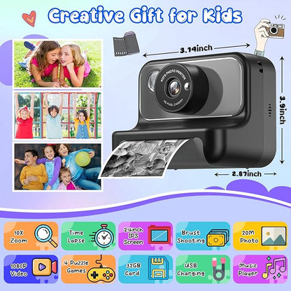Kids Camera Instant Print, Christmas Birthday Gifts for Girls and Boys, Kids Camera 1080P HD Video Digital Camera, Toddler Toy for 3-12 Years Old, Black