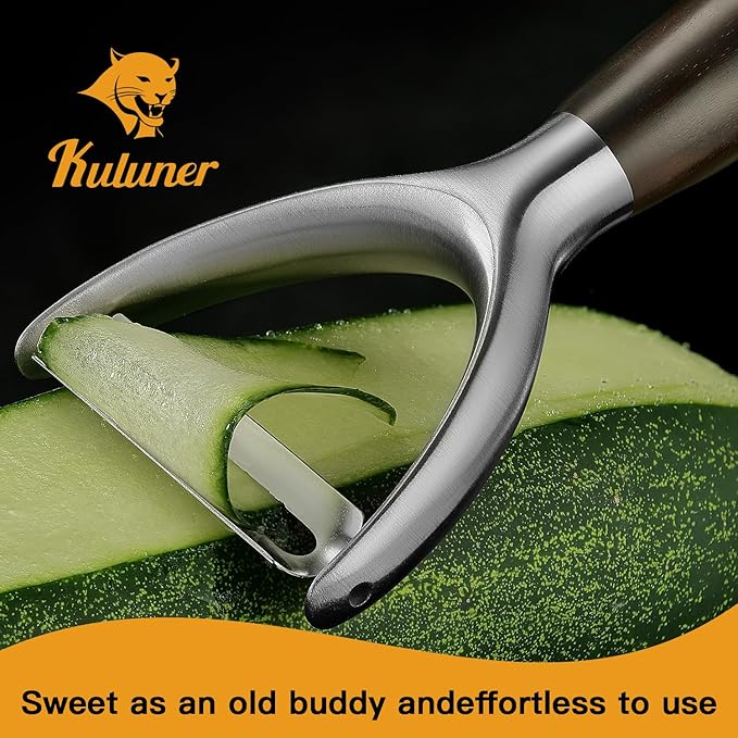 Premium Y Type 304 Stainless Steel Multifunctional Kitchen Peeler Real Wood Handle Ultra Sharp Blade Vegetable Potato Apple(Carbonized Wood)