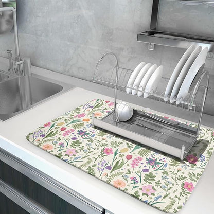 Spring Floral Dish Drying Mat for Kitchen Counter 18x24 Pink Sage Green Flower
