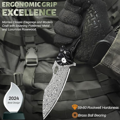 Pocket Knife for Men, Hunting knife with sheath, Damascus Steel Folding knife with Ebony Wood Handle, Survival EDC Knife for Fishing, Meat Cutting, Tactical Knife for Outdoor Camping Hiking