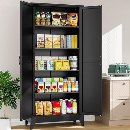 75" Tall Pantry Cabinet,Farmhouse Kitchen Pantry Storage Cabinets with 2 Doors and 4 Shelves,Black Metal Storage Cabinet,Large Cupboard for Home,Kitchen,Dining/Living Room