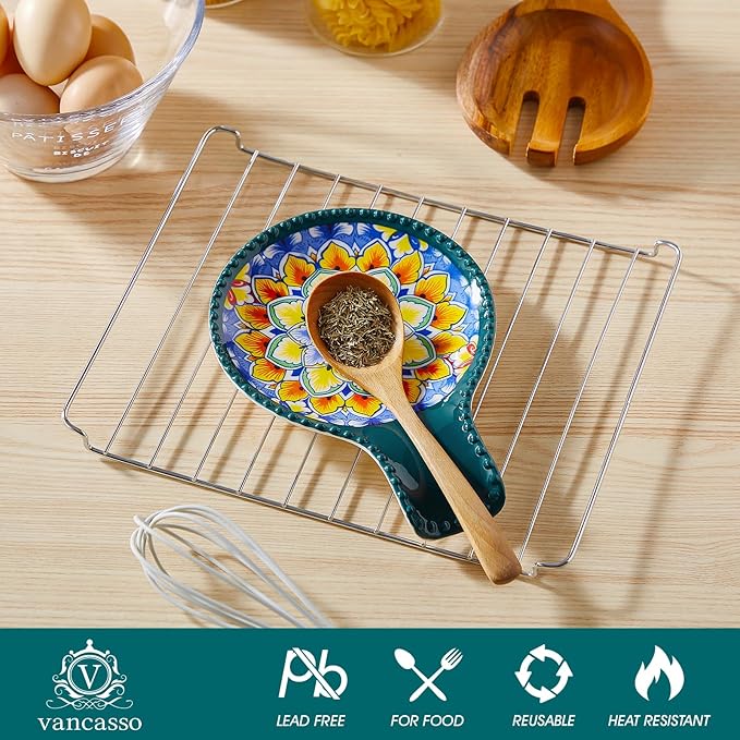 vancasso Ceramic Spoon Rest for Stove Top, 7.7 Inch Cooking Spoon Holder for Kitchen Counter Decor, Spoon Holder for Coffee Spoon Rest, Spoon Cradle, Spatula, Spoons or Tongs, Decorations, Green