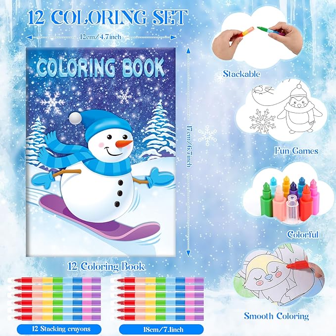 BenLouis 12 Frozen Mini Coloring Books Kids with 12 Stacking Crayons Winter Snowflake Themed Party Favors Small Activity Books Bulk for Kids Frozen Christmas Classroom Party Gift Goodie Bag Stuffers