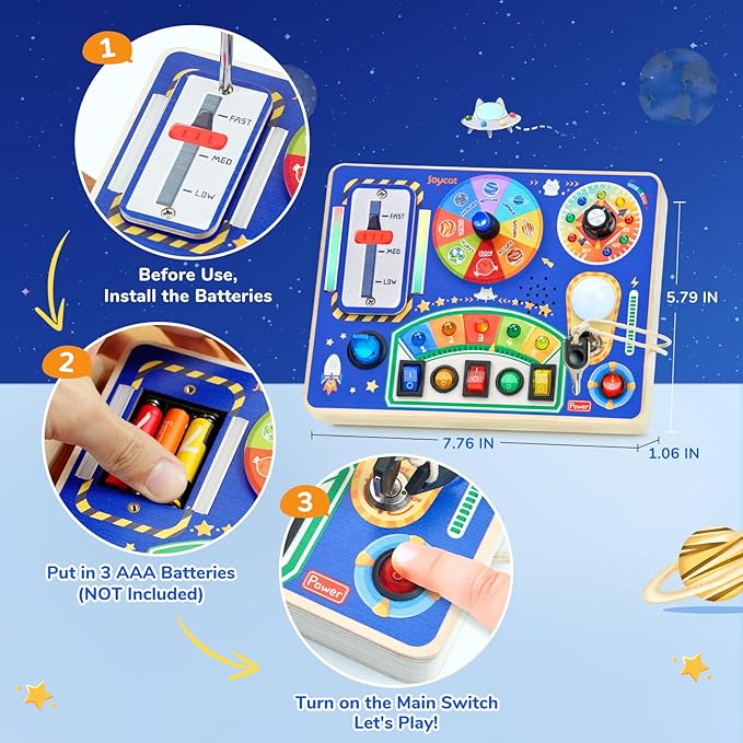 JoyCat Busy Board with Led Light, Toddler Toys for 1 2 3 4 Year Old Boys and Girls, Wooden Sensory Toys with Music, Travel Toy for Toddlers 1-3, Birthday Presents (Blue)