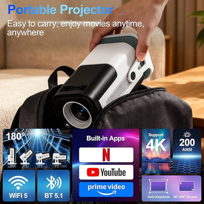 Mini Projector with Dual 5G WiFi and Bluetooth, Built-in App Smart Portable