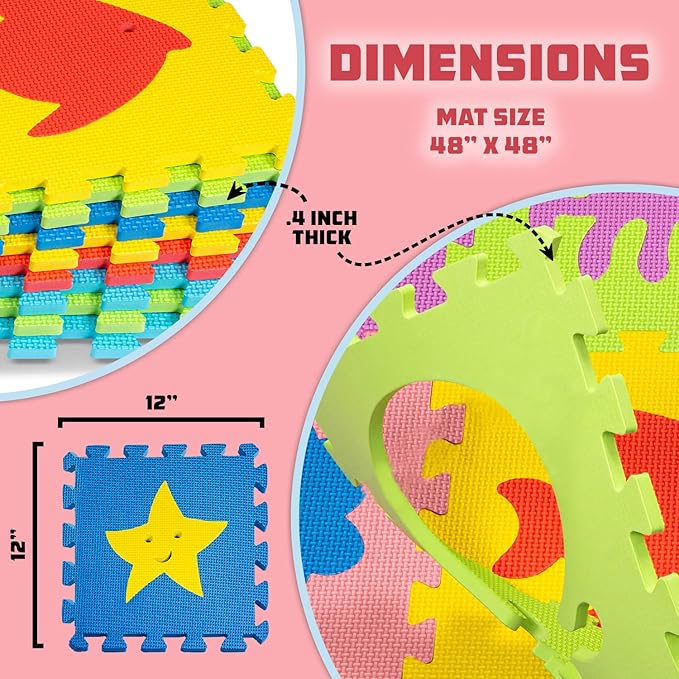 TOYVELT Foam Puzzle Floor Mat for Kids 12x12-16 Interlocking Play Mat Tiles with Colors, Alphabet, ABC - Educational Large Puzzle Foam Floor Tiles for Crawling, Exercise, Playroom, Play Area