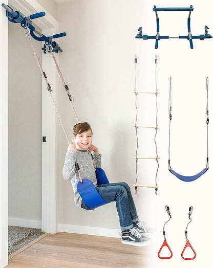 Gym1 Indoor Doorway Gym for Kids & Adults - 4-Piece, Blue - Swing Set with Sensory Swing, Pull Up Bar & Grip Rings, Agility Ladder - 300 lb Capacity