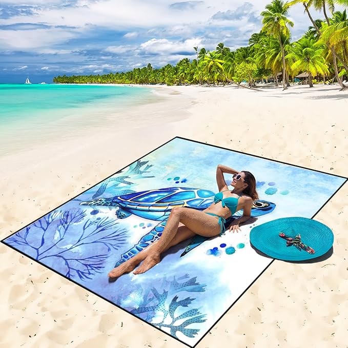 Beach Blanket Waterproof Sandproof Beach Mat 79" X 83"/10'x9'for 2-8 Adults Quick Drying Outdoor Picnic Mat Beach Accessories for Travel, Camping, Hiking