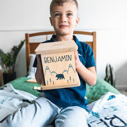 Wooden Piggy Bank for Kids and Adults, Personalized Gift Handmade in USA by BloomOwl, Custom Piggy Bank, Personalized Banks for Kids, Gifts for Baby Boys and Girls (Minimal Bear)