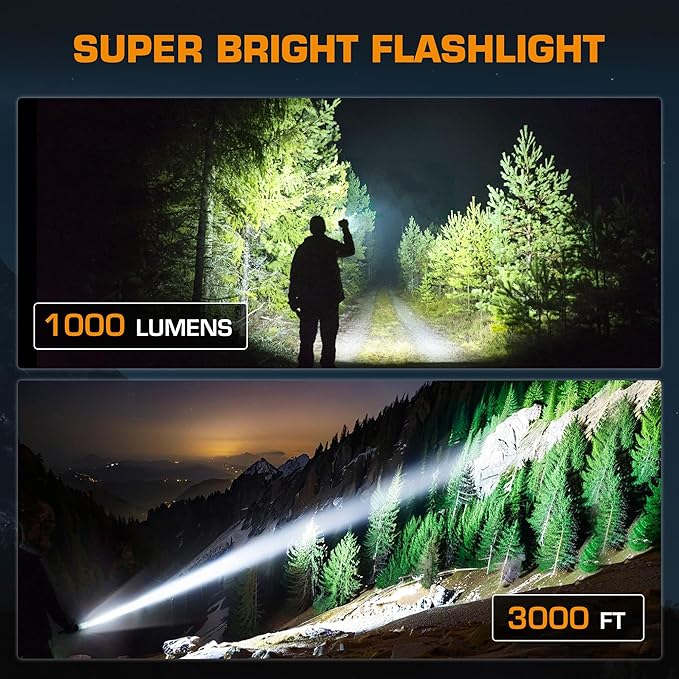 EverBrite Rechargeable LED Flashlight 1000 Lumens, 4 Modes Super Bright Zoomable Flash Light with Power Bank, Memory Function, Power Indicator for Outdoor Camping, Emergency, Home Use