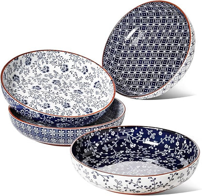 LE TAUCI Pasta Bowl 32 oz, Salad Bowl Serving Plate Bowls, Housewarming Wedding Present, Japanese-Style Ceramic Bowls for Pasta, Fruits, Salad, Noodle, Dinner - 8.2 Inch, Set of 4, Vintage Blue