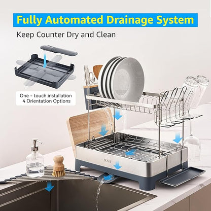 SUNLY Large Dish Drying Rack, 304 Stainless, Extra Large Drain Board