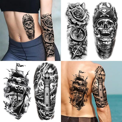 77 Sheets Pirate Skull Temporary Tattoo for Women Men, 17 Sheets Half Arm Large Flower Skeleton Octopus Fake Tattoos, 60 Sheets Anchor Clock Black Tiny for Adult Kids Body Tattoos Stickers Realistic