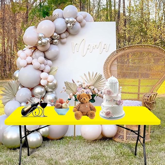 6 Pack Fitted Tablecloth for 8 Foot Rectangle Tables, Yellow Elastic Outdoor Picnic Table Cover, Washable Stretch Folding Table Cloths 8 ft for Camping Party Patio Kitchen Banquet, 30" W x 96" L