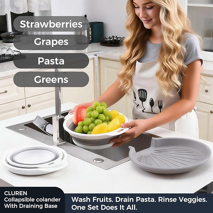 Collapsible Colander Set with Oversized Draining Tray | 3-Pack Foldable Kitchen