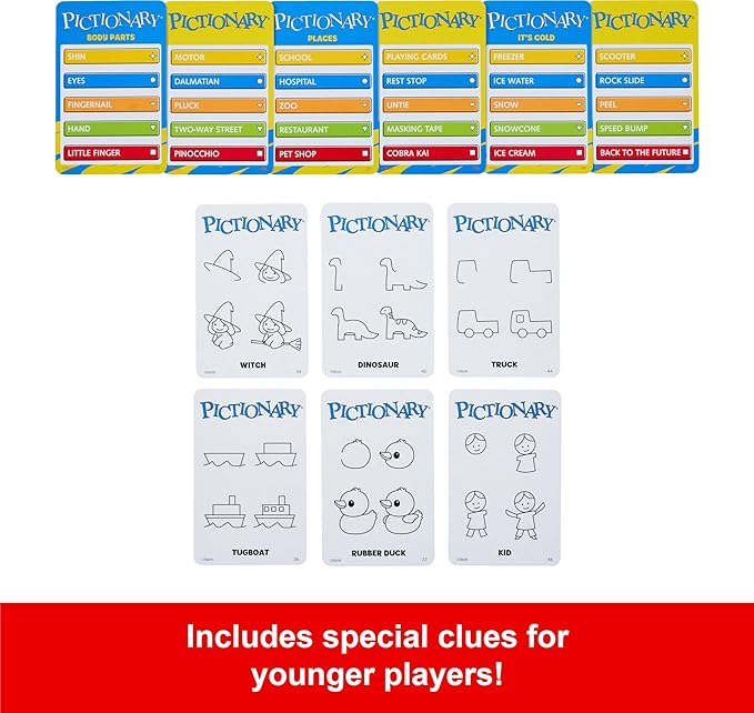Mattel Games Pictionary Family Board Game for Kids, Adults and Game Night for 2 Teams with Erasable Markers, Boards and Sand Timer
