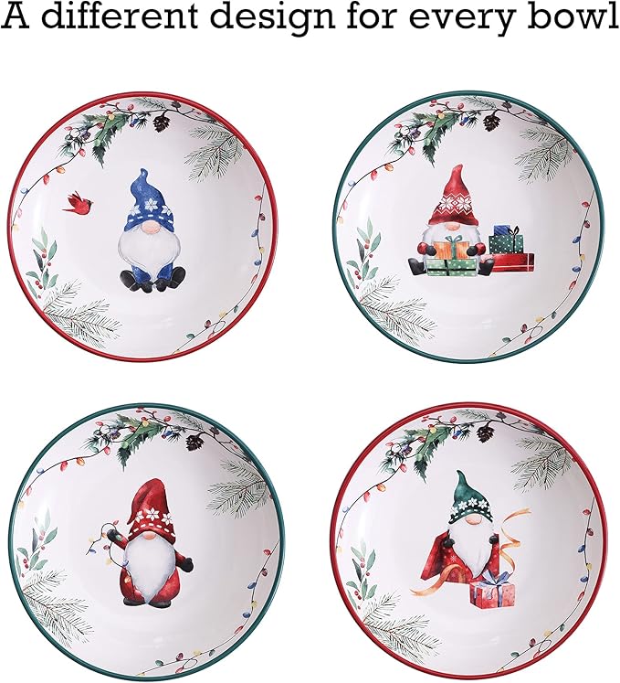 Bico Christmas Gnomes Pasta Bowls, 35oz Salad Bowl Set of 4, Large Ceramic Serving Dinner Bowls for Soup and Cereal, Microwave and Dishwasher Safe, Gift for Housewarming and Thanksgiving