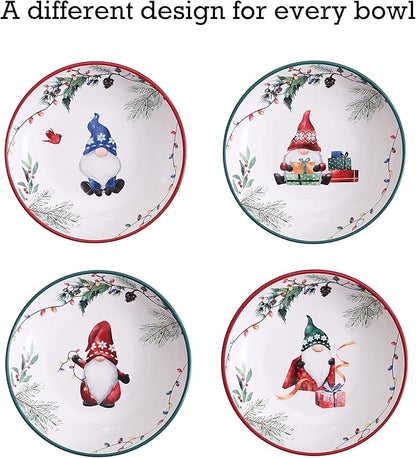 Bico Christmas Gnomes Pasta Bowls, 35oz Salad Bowl Set of 4, Large Ceramic Serving Dinner Bowls for Soup and Cereal, Microwave and Dishwasher Safe, Gift for Housewarming and Thanksgiving