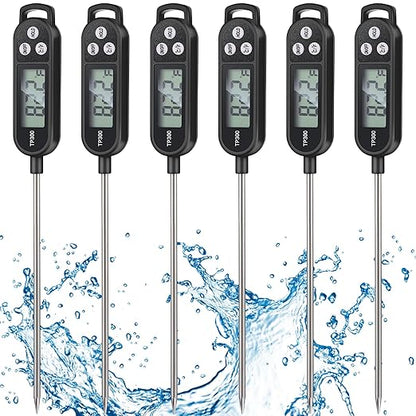6 Pcs Instant Read Meat Thermometer with Long Probe 9.65 Inch Kitchen Cooking Food Candy Waterproof Digital Thermometer for BBQ Water Milk Yogurt Liquid Cooking(Black)