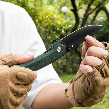 FLISSA Pocket Folding Knife, 3.2??D2 Blade G10 Handle EDC Knife with Pocket Clip Liner Lock for Hunting, Camping, Survival, Outdoor Activities(Green)