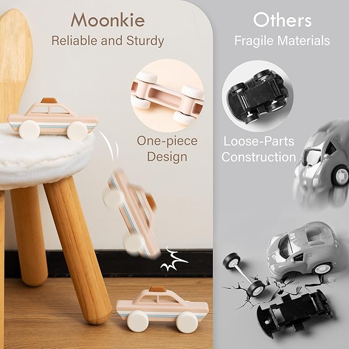 Moonkie Food Grade Silicone Toy Cars for Toddlers 1-3, Push and Go Baby Car Toys 6-12 Months+, One-Piece Design Infant Toys, Birthday Gifts for 1 Year Old Boy Girl, Easy to Clean & Grasp, 3 Pack