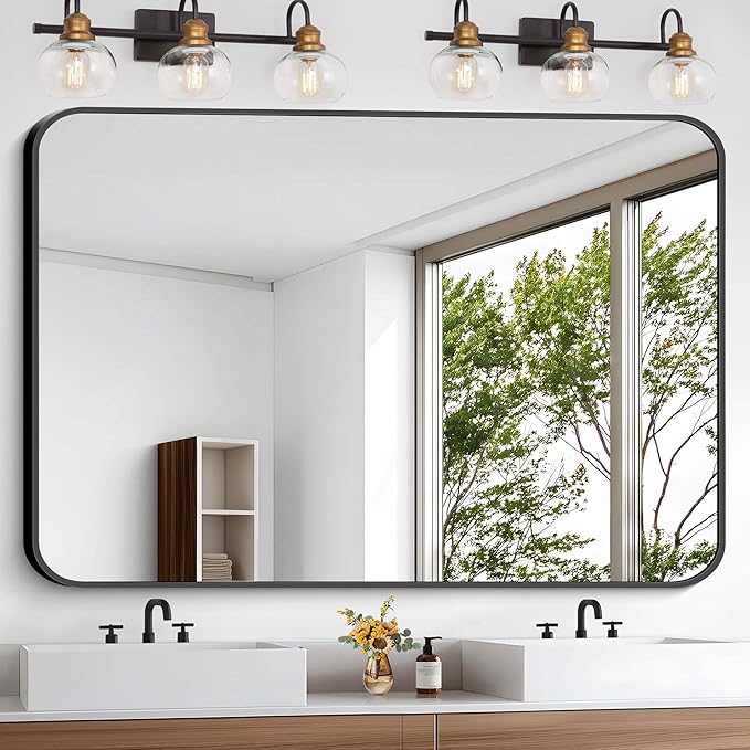 Bathroom Mirror, 48x36 inch Black Rectangle Wall Mirror, Metal Frame Rounded