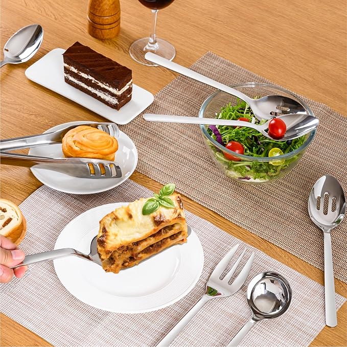 KINGSTONE Large Hostess Serving Utensils Set, 18/10 Stainless Steel Heavy Duty 10-inch Serving Utensils, Slotted Spoons, Forks, Tongs, Cake Pie Server for Buffet, Wedding, Party