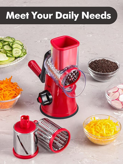 Rotary Cheese Grater with Handle - 3 in 1 Cheese Shredder Rotary Grater Stainless Steel Handheld, Vegetable Slicer for Fruit, Cheese, Nuts(Red)
