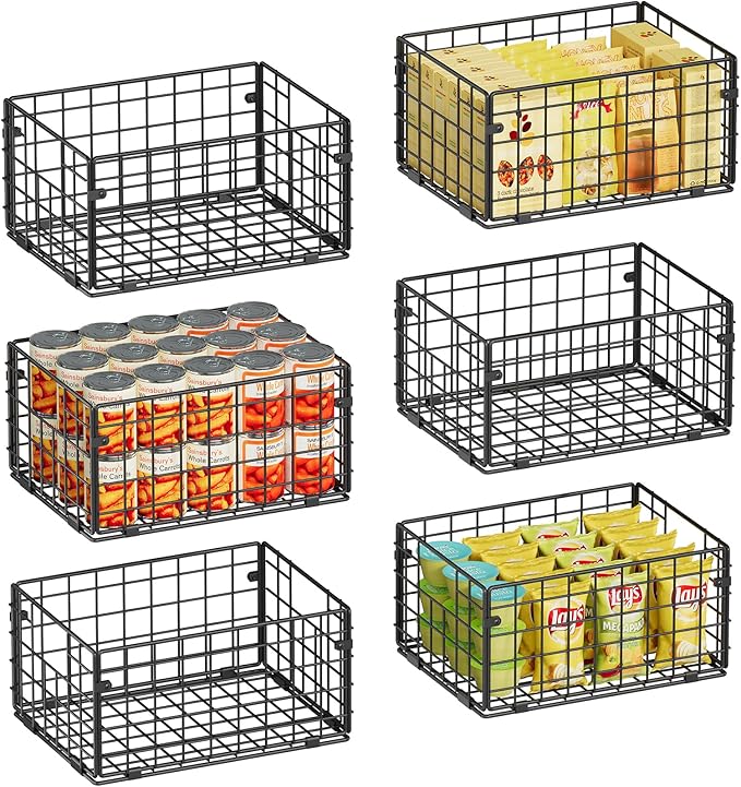 X-cosrack Metal Wire Basket Pantry Baskets Foldable Cabinet Organizers with Handles-6 Pack-12"x9"X6", Food Storage Freezer Organizer Bins for Kitchen Bathroom Laundry Closet Garage - Patent Design