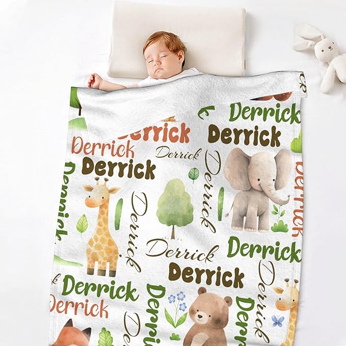 Personalized Baby Blanket for Girls Boys Kids Elephant Lion Bear Custom Baby Blanket with Name Throw Birthday Gift for Toddlers Infants Shower Newborns Nursery Stroller Crib Bed Decor