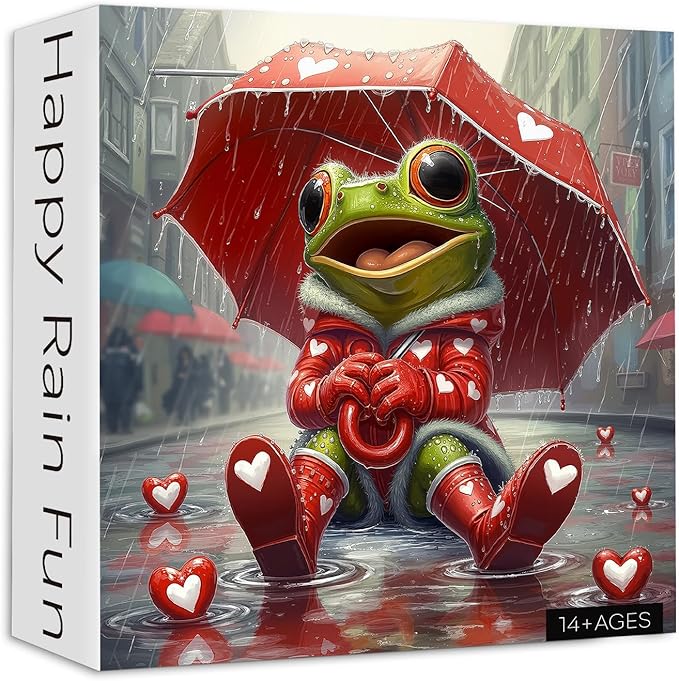 Cute Frog Puzzles for Adults 1000 Pieces, PICKFORU Happy Rain Fun Jigsaw Puzzle Umbrella, Challenging Colorful Love Hearts Theme as Art Decor