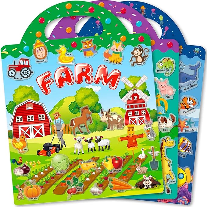 Reusable Sticker Books for Toddlers 1-3, 3 Sets Sticker Books for Toddlers 2-4 Years, Toddler Travel Toys for Kids 2 3 4 Year Old Girls Boys