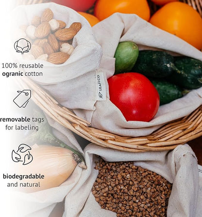 LEAFICO Muslin Cloth Bags with Drawstrings - Set of 8 (S, M, L, XL) - Reusable Natural Cotton Bags for Bulk Food Storage - Canvas Fabric Sachets