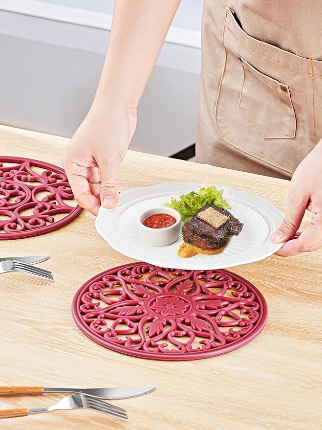 SMARTAKE 6 Set Silicone Trivets, Multi-Use Carved Trivet, Insulated Non-Slip Durable Kitchen Mats, Flexible Modern Kitchen Table Mat, for Hot Dishes, Pots, Dining Countertop, Red