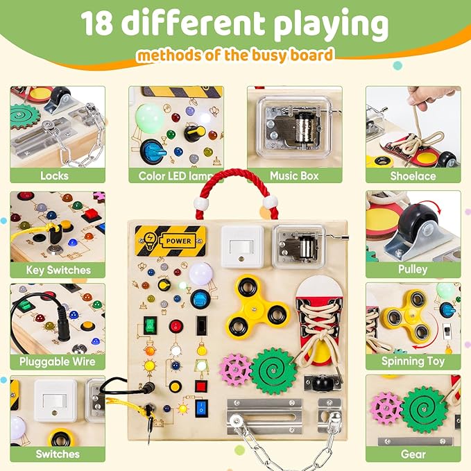 Montessori Wooden Busy Board Toys for 1 2 3 Years Old Boys Girls,Toddler Sensory Educational Fidget Board Travel Toy with LED Light Up Switches & Music Boxes, Locks for 1 to 6 Year Kids Gifts