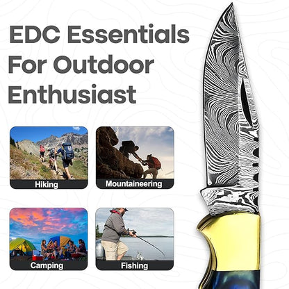 Handmade Damascus Pocket Knife for Men - 6.5 Inch Damascus Knife with Sheath - Damascus Folding Knife - Damascus Hunting Knife - Damascus Steel Pocket Knives with Back Lock for EDC, Camping, Hiking