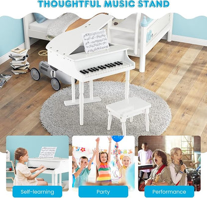 HONEY JOY Classical Kids Piano, 30-Key Mini Grand Piano with Music Stand and Bench, Wooden Musical Instrument Toy w/Lid & Music Rack, Gift for Boys Girls Ages 3+ (3 Straight Leg-White)