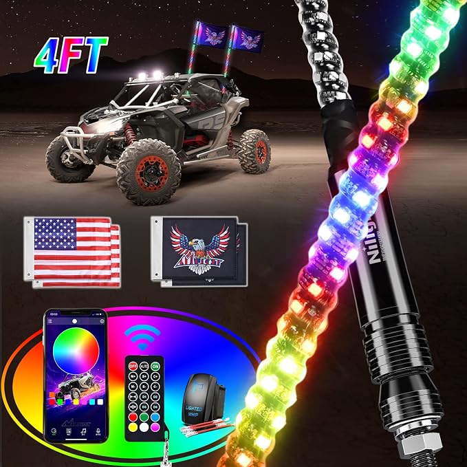 Nilight 2PCS 4FT RGB LED Whip Lights, Remote App Control w/DIY Chasing Patterns Stop Turn Reverse Modes Safety Lighted Antenna for ATV UTV Polaris RZR Can-am Dune Buggy Jeep