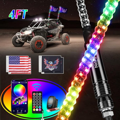 Nilight 2PCS 4FT RGB LED Whip Lights, Remote App Control w/DIY Chasing Patterns Stop Turn Reverse Modes Safety Lighted Antenna for ATV UTV Polaris RZR Can-am Dune Buggy Jeep