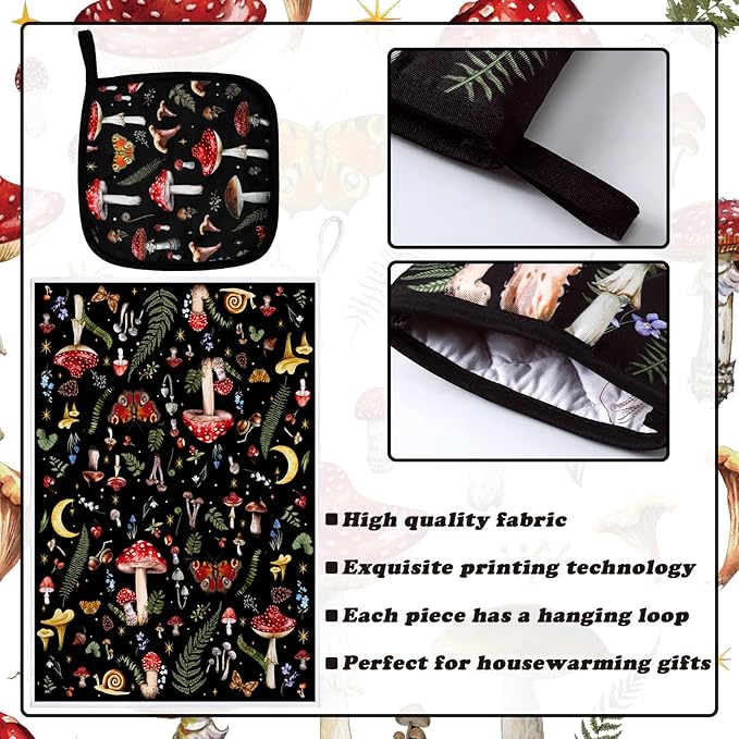 Bencailor 6 Pcs Mushroom Kitchen Towels Oven Mitts and Pot Holders Set