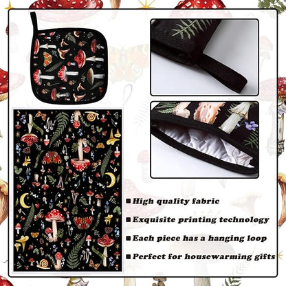 Bencailor 6 Pcs Mushroom Kitchen Towels Oven Mitts and Pot Holders Set