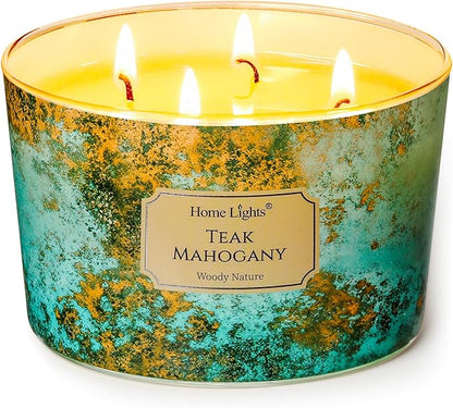 HomeLights Large jar Candle | 4-Wick Long-Lasting Scented Candles, 18oz Natural Soy Wax Candle for Home Scented, Industrial Chic Gifts for Women & Men, Teak Mahogany