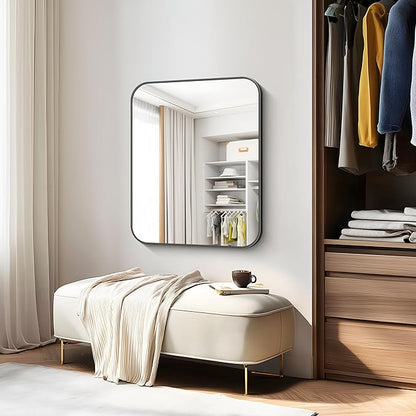 Bathroom Mirror, 30 x 24 inch Metal Framed Black Rectangle Mirror, Rounded