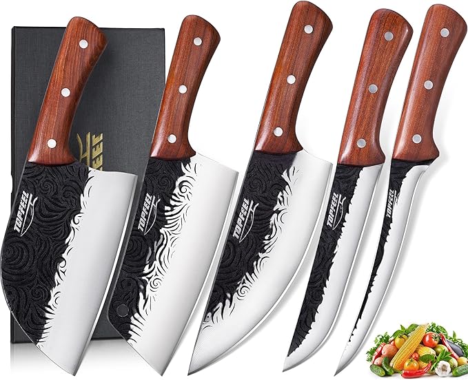Topfeel Butcher Knife Set 5PCS, Hand Forged Kitchen Knives Set Serbian Chef